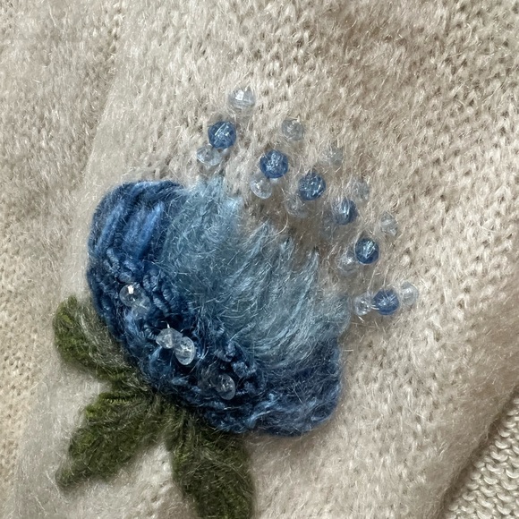 Jane Irwill Floral Embroidered Wool Sweater Medium Cream Knit Beaded Cotton - Picture 5 of 7